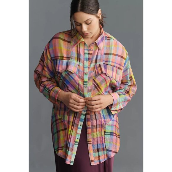 Pilcro Long-Sleeve Mixed Madras Plaid Oversized Buttondown Shirt 2X - Picture 2 of 4
